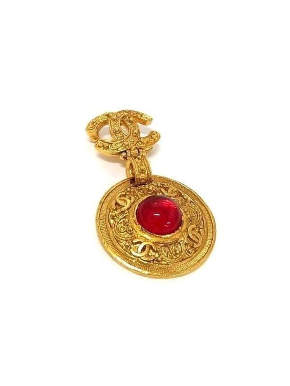 Chanel Brooch CC Logo Swing Gold Red Metal Enamel Rhinestone Gripoix